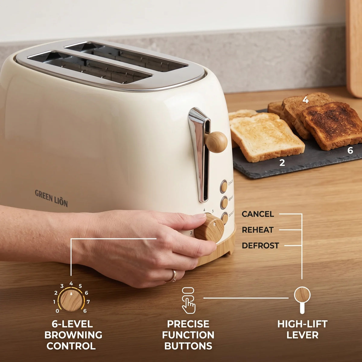 GREEN LION Classic Toaster 2-Slice 815W – 6-Level Browning, Defrost, Reheat & Cancel, Browning Dial, Lift Lever, Cream Kitchen Toaster