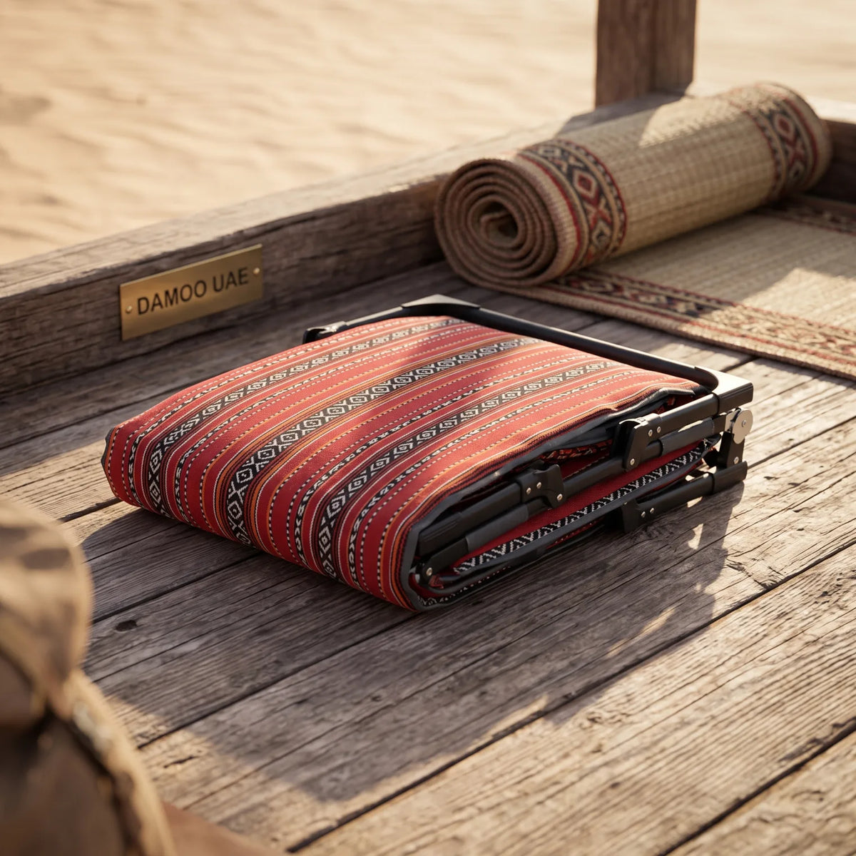 Foldable Outdoor Camping Bed – Red and Black Arabic Sadu Pattern Fabric, 190cm Length, Portable Folding Bed for Outdoor Use