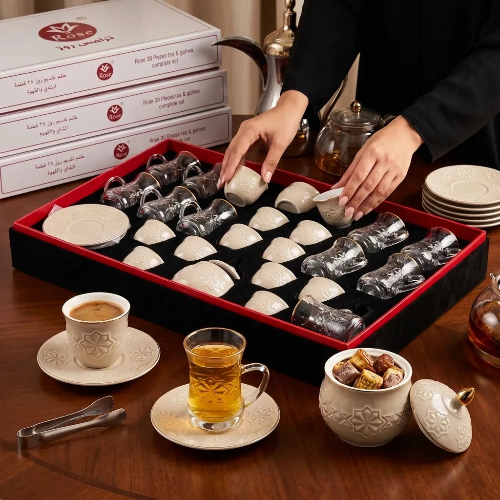 Rose 38 Pieces tea & gahwa complete set – 12 Glass Tea Cups, 12 Arabic Coffee Cups, 12 Saucers & Lidded Candy Jar Gift Box