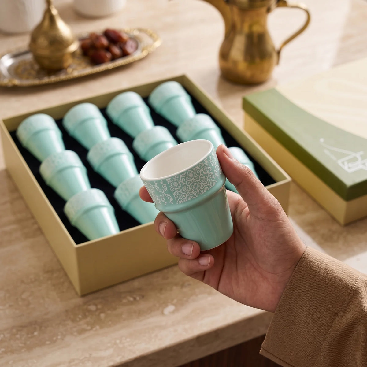 Dallah addar 12 Pieces Arabic Moroccan Bone China Porcelain Cups Set – Mint Handleless Drinking Cups with Floral Pattern and Presentation Box