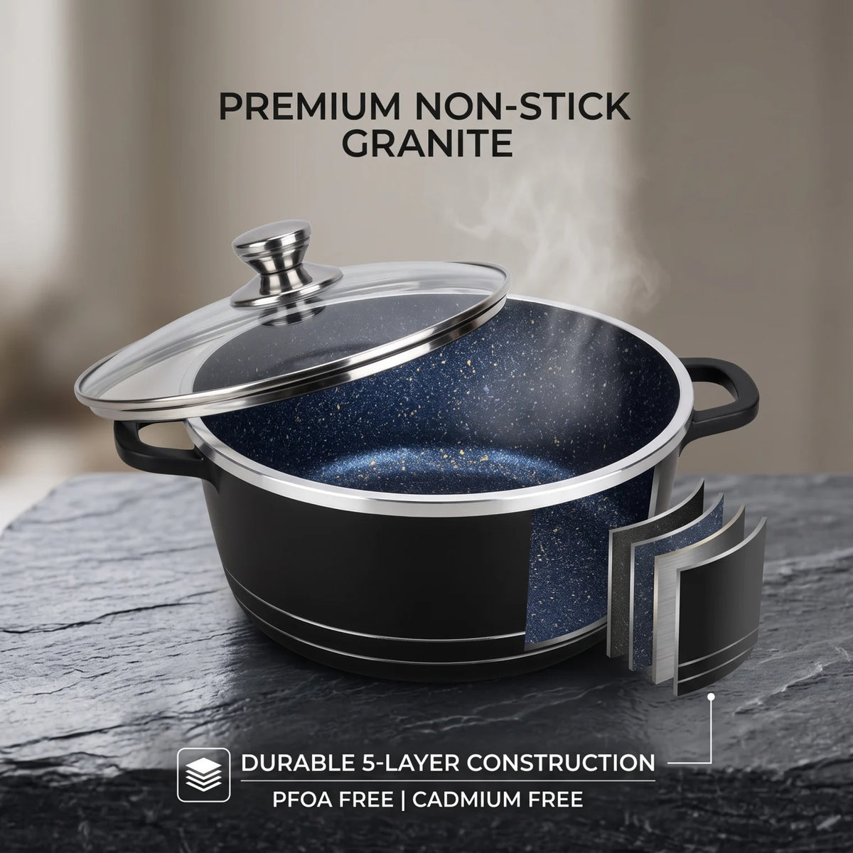 VOGATI 8Pcs Black Titanium Granite Cookware Set with Lids | Nesting Pots with Handles for Everyday Cooking
