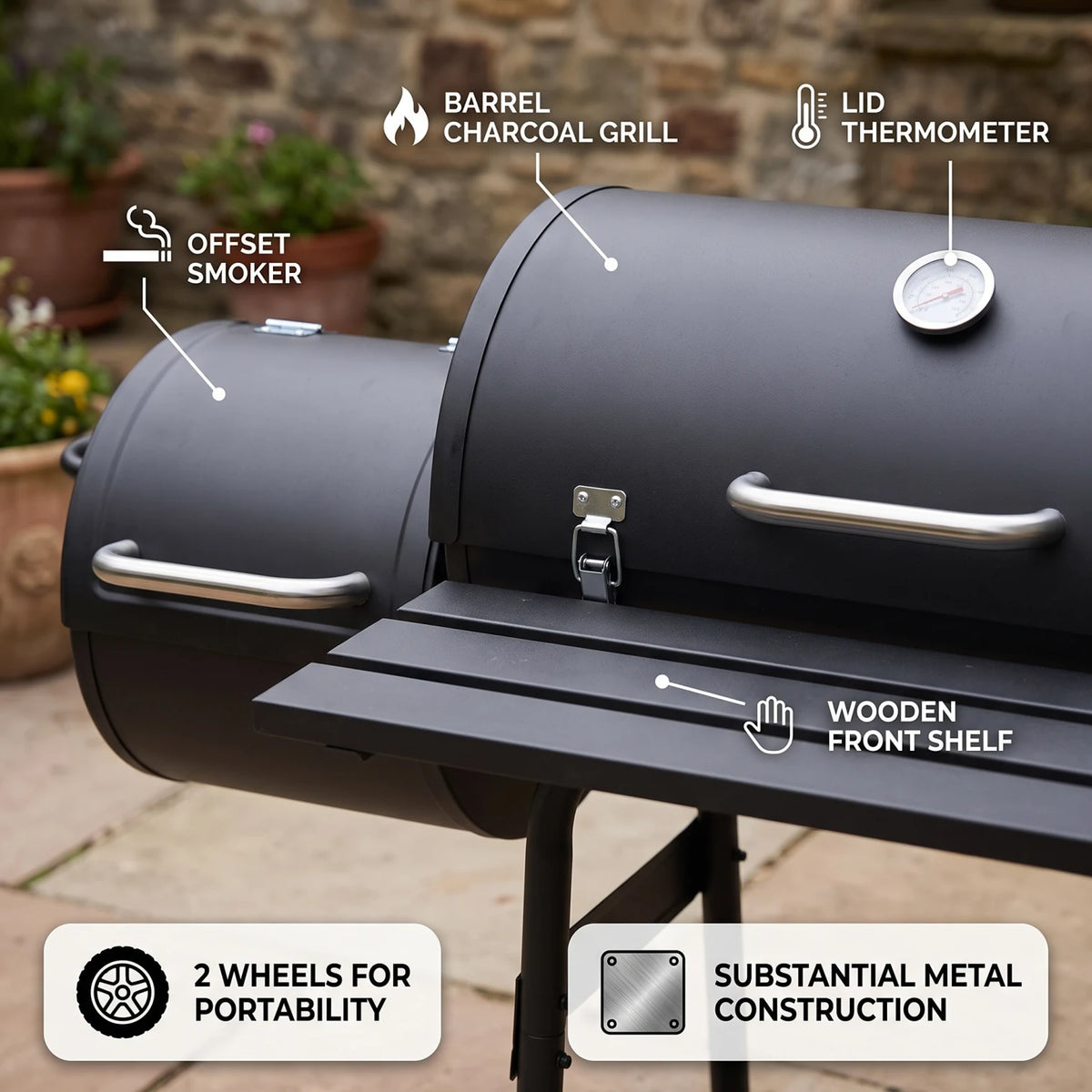 Black Charcoal Barrel BBQ Grill with Offset Smoker Side Box – 114 x 65 x 106 cm, Lid Thermometer, Handles, Wheels and Outdoor Cooking Design