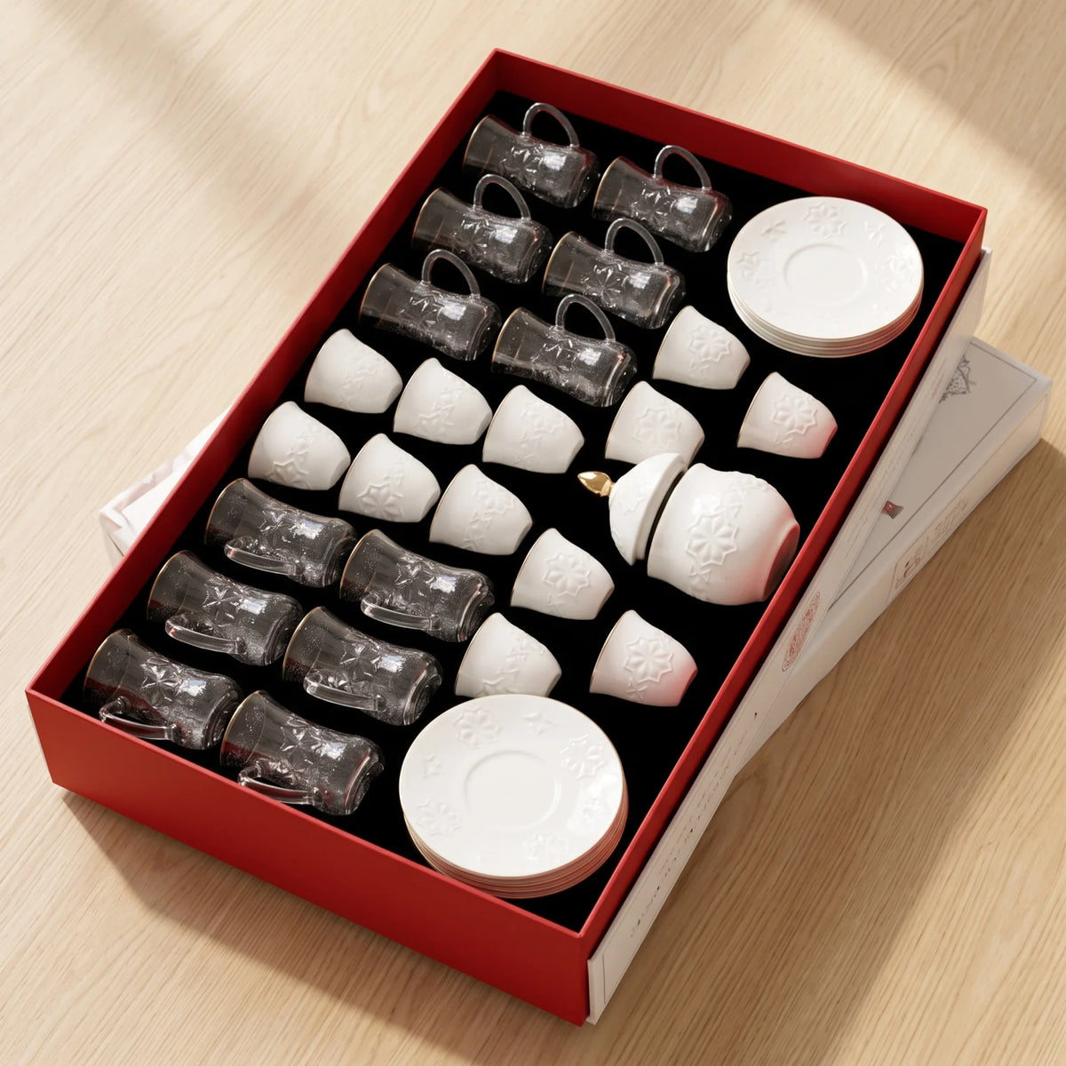 Rose tea & gahwa complete set – Glass Tea Cups, Porcelain Arabic Coffee Cups, Saucers, Lidded Candy Jar & Presentation Box