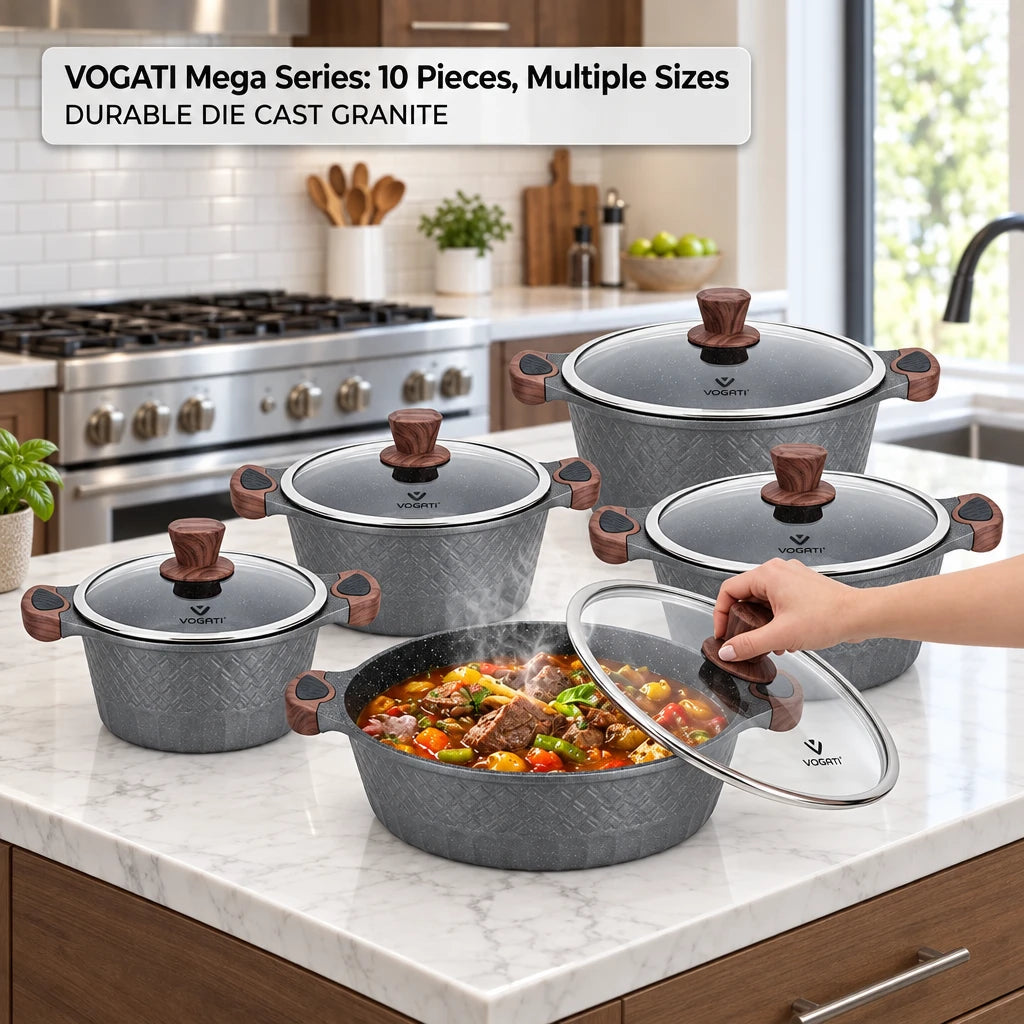 VOGATI (Mega Series) 10 pcs Cookware Set in Grey – Casserole Pots 20/24/28/32cm, Shallow Casserole 28cm Kitchen Cooking Set