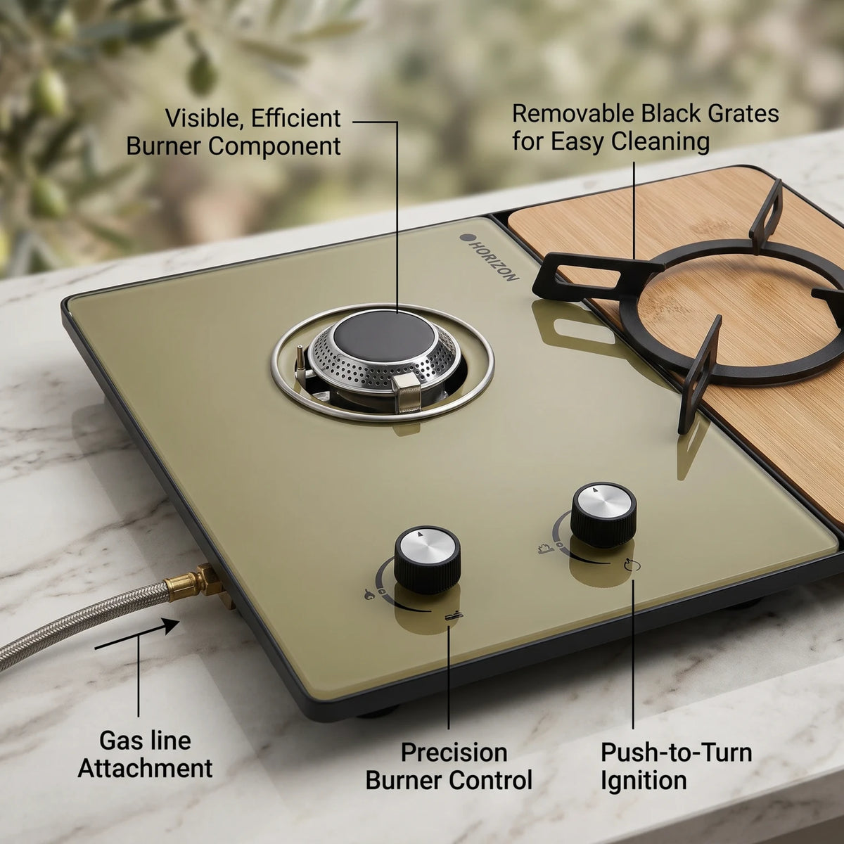 HORIZON 1 IGT STOVE + 1 IGT TABLE – Gas Cooktop Set with Multiple Burners, Black Grates, Control Knobs, Gas Connection and Wood-Grain Surface