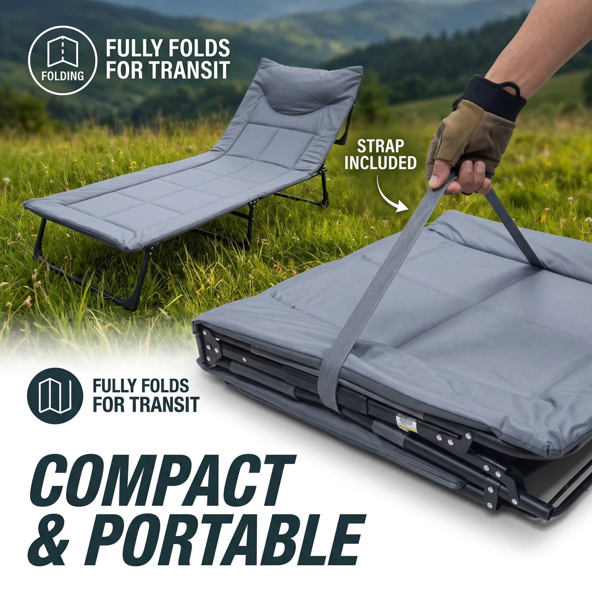 Jiham Foldable outdoor camping Bed – Grey 190cm Folding Cot | Adjustable Reclining Backrest, Metal Frame, Linen-weave or Plain Fabric - Plain - Image 6
