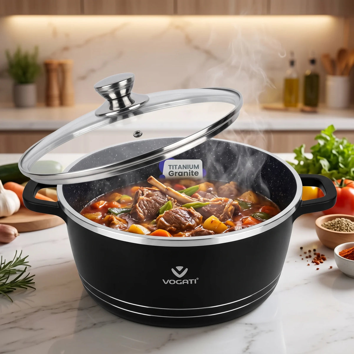 VOGATI 8Pcs Black Titanium Granite Cookware Set with Lids | Nesting Pots with Handles for Everyday Cooking