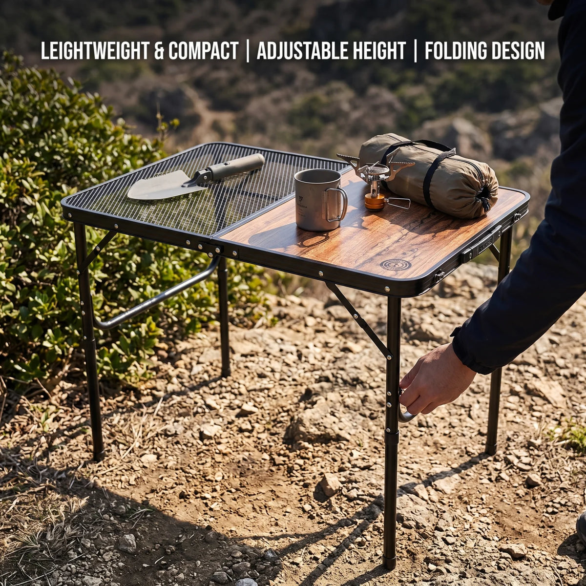 Omega 1 korea Lightweight Foldabe Camping Outdoor Table – Wood-Texture Section, Mesh Shelf, Folding Frame and Leg Extensions