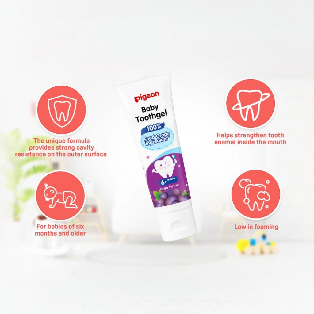 Pigeon Baby Tooth Gel 45g – Grape Flavor | 1000ppm Fluoride, Paraben-Free, Low Foaming, Safe to Swallow, Food Grade Ingredients - Damoo