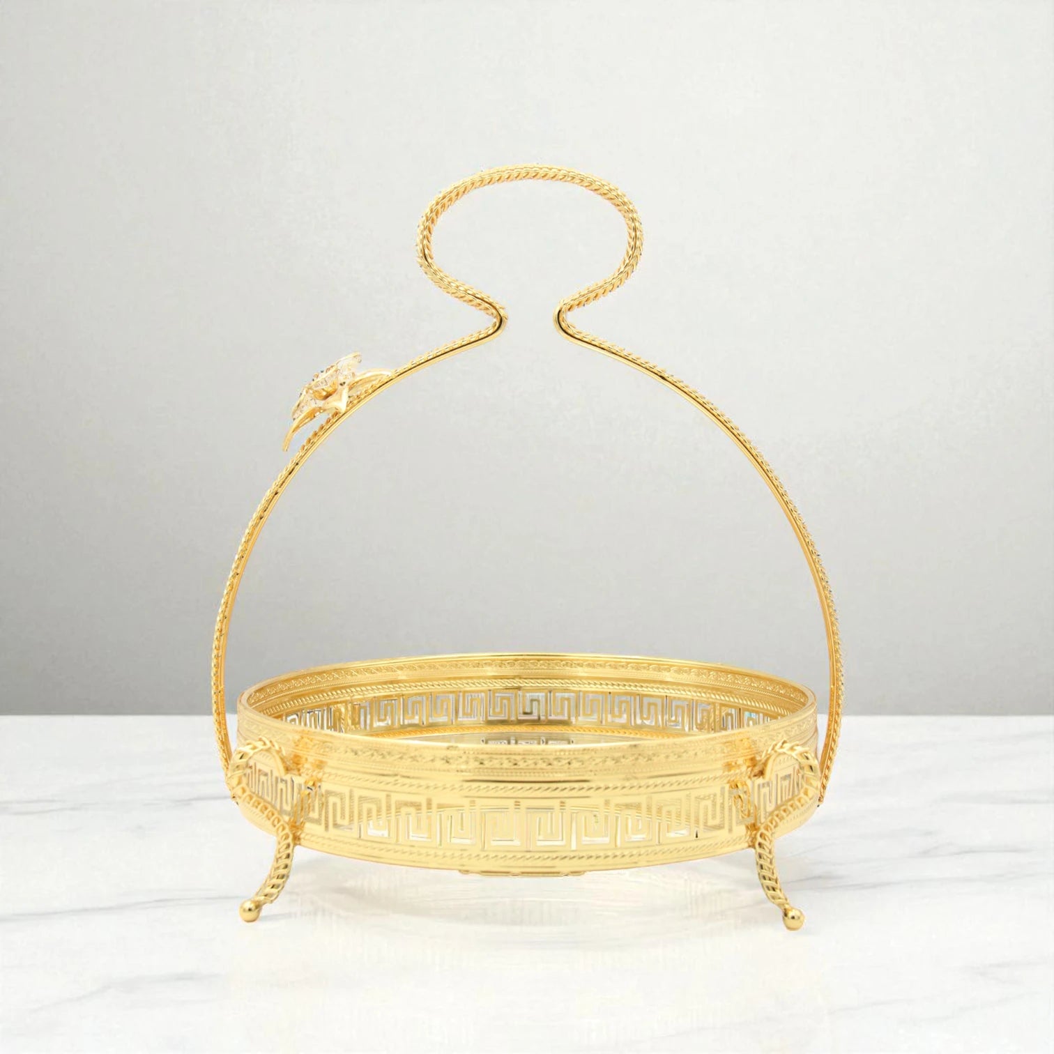 Pilcso Luxury Gold-Plated Round Mirror Tray with Handle and Crystal Flower – Elegant Greek Key Decorative Display Tray for Vanity, Perfume, Sweets & Home Décor – Perfect Gift Idea – by Damoo - Damoo