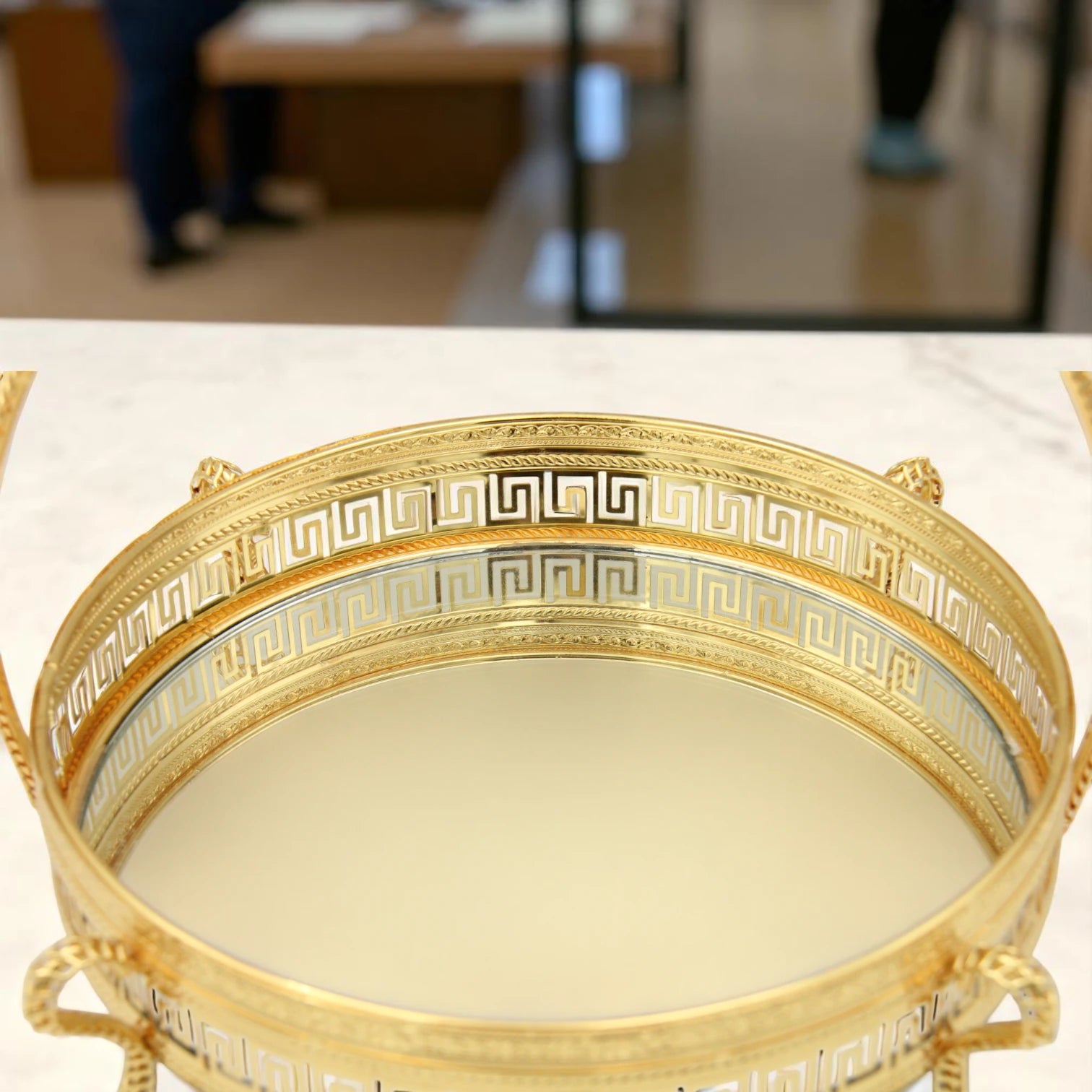 Pilcso Luxury Gold-Plated Round Mirror Tray with Handle and Crystal Flower – Elegant Greek Key Decorative Display Tray for Vanity, Perfume, Sweets & Home Décor – Perfect Gift Idea – by Damoo - Damoo