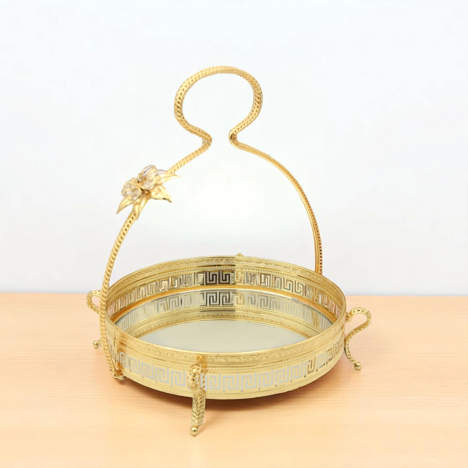Pilcso Luxury Gold-Plated Round Mirror Tray with Handle and Crystal Flower – Elegant Greek Key Decorative Display Tray for Vanity, Perfume, Sweets & Home Décor – Perfect Gift Idea – by Damoo - Damoo