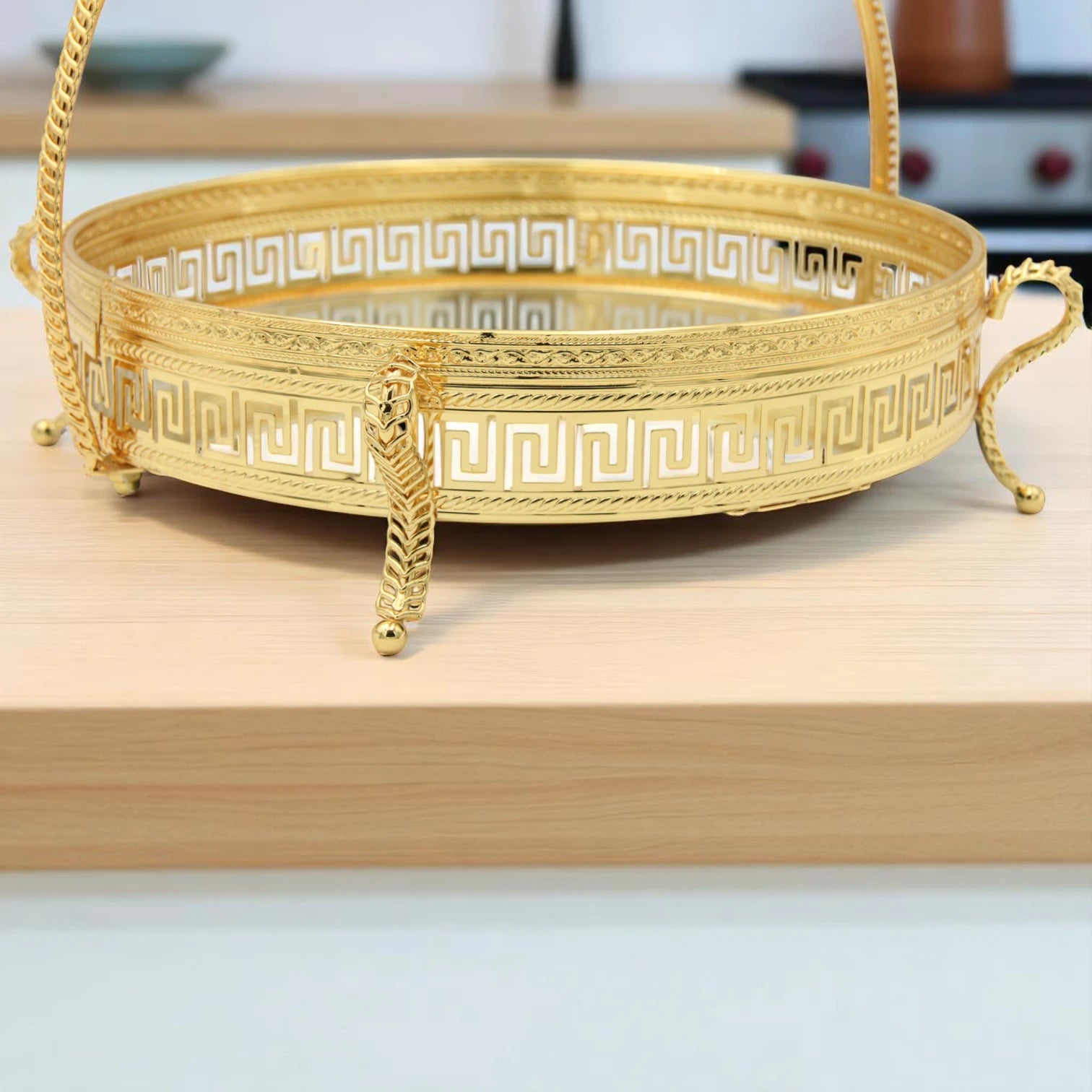 Pilcso Luxury Gold-Plated Round Mirror Tray with Handle and Crystal Flower – Elegant Greek Key Decorative Display Tray for Vanity, Perfume, Sweets & Home Décor – Perfect Gift Idea – by Damoo - Damoo