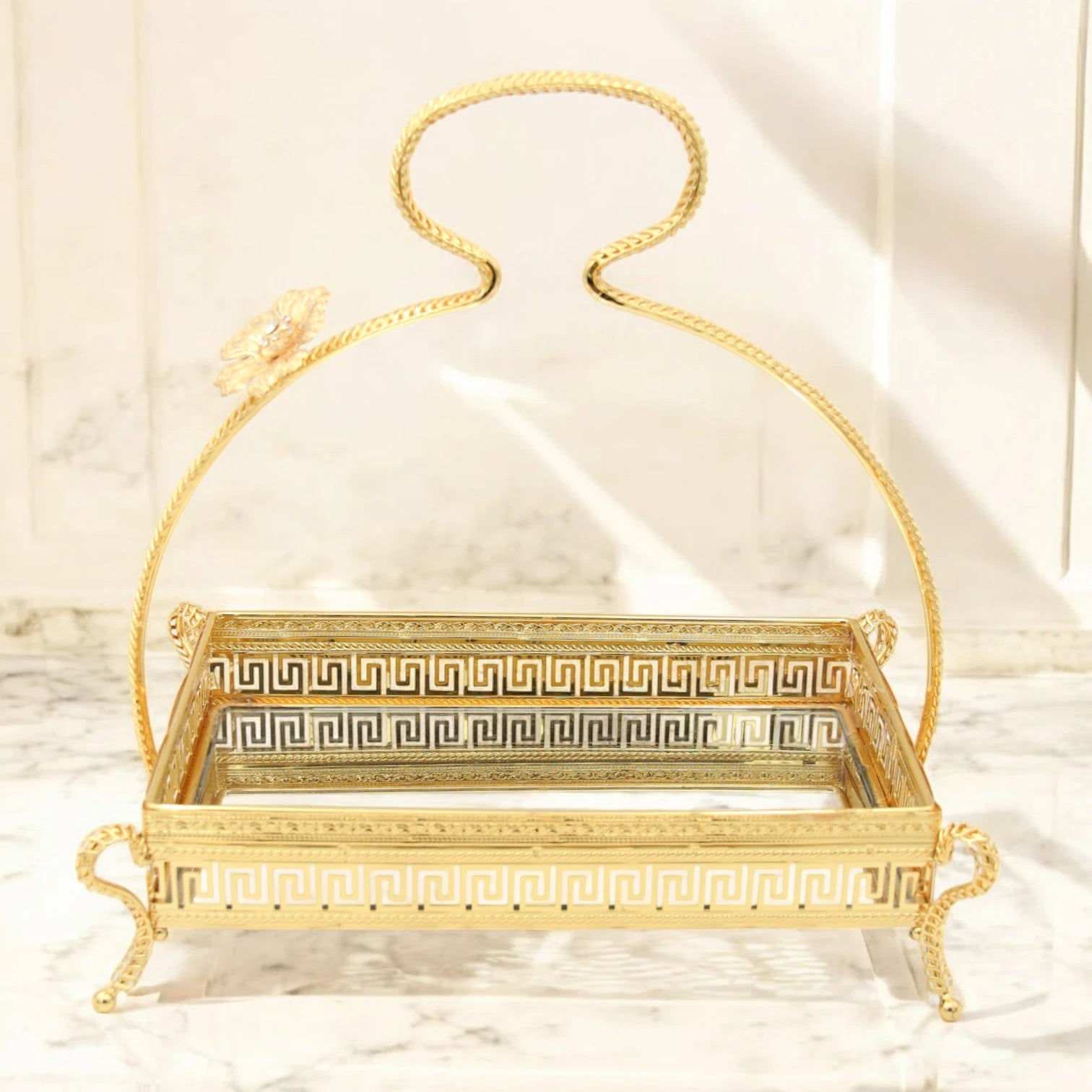 Pilsco Gold Rectangular Mirror Serving Tray with Floral Handle & Geometric Design – Elegant Raised Base Tray for Pastries, Cakes, Main Dishes & Home Décor - Damoo