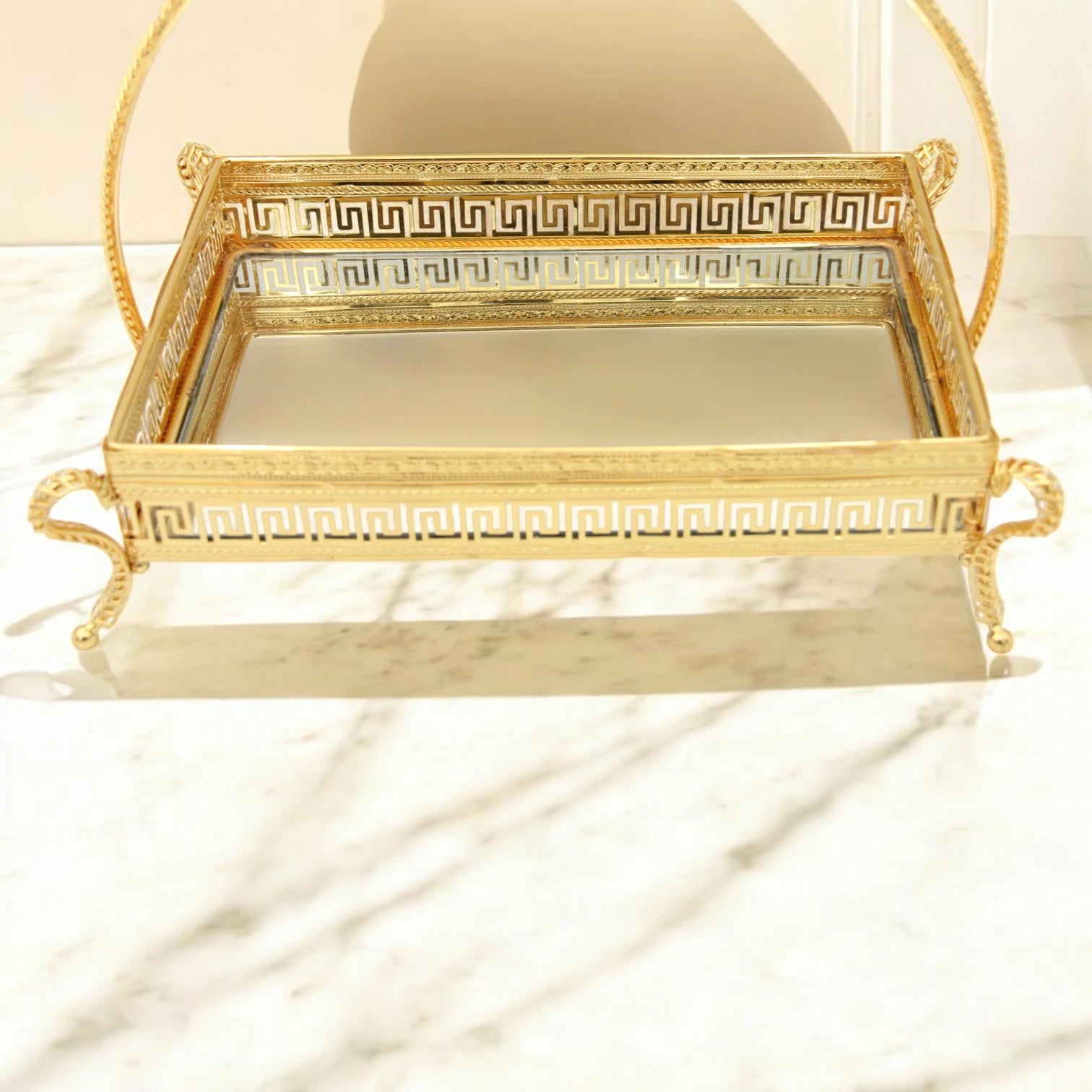 Pilsco Gold Rectangular Mirror Serving Tray with Floral Handle & Geometric Design – Elegant Raised Base Tray for Pastries, Cakes, Main Dishes & Home Décor - Damoo