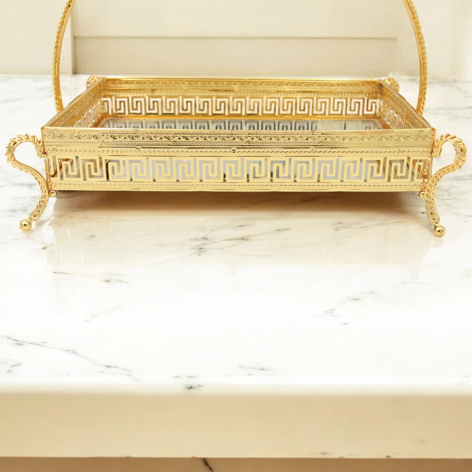 Pilsco Gold Rectangular Mirror Serving Tray with Floral Handle & Geometric Design – Elegant Raised Base Tray for Pastries, Cakes, Main Dishes & Home Décor - Damoo