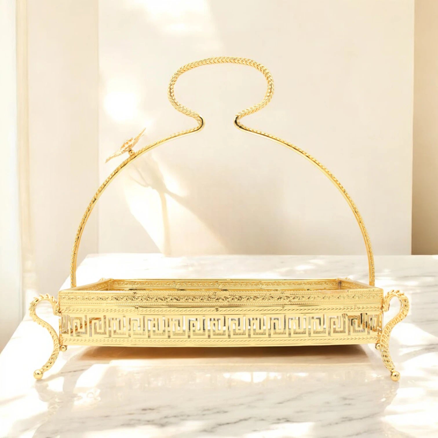 Pilsco Gold Rectangular Mirror Serving Tray with Floral Handle & Geometric Design – Elegant Raised Base Tray for Pastries, Cakes, Main Dishes & Home Décor - Damoo