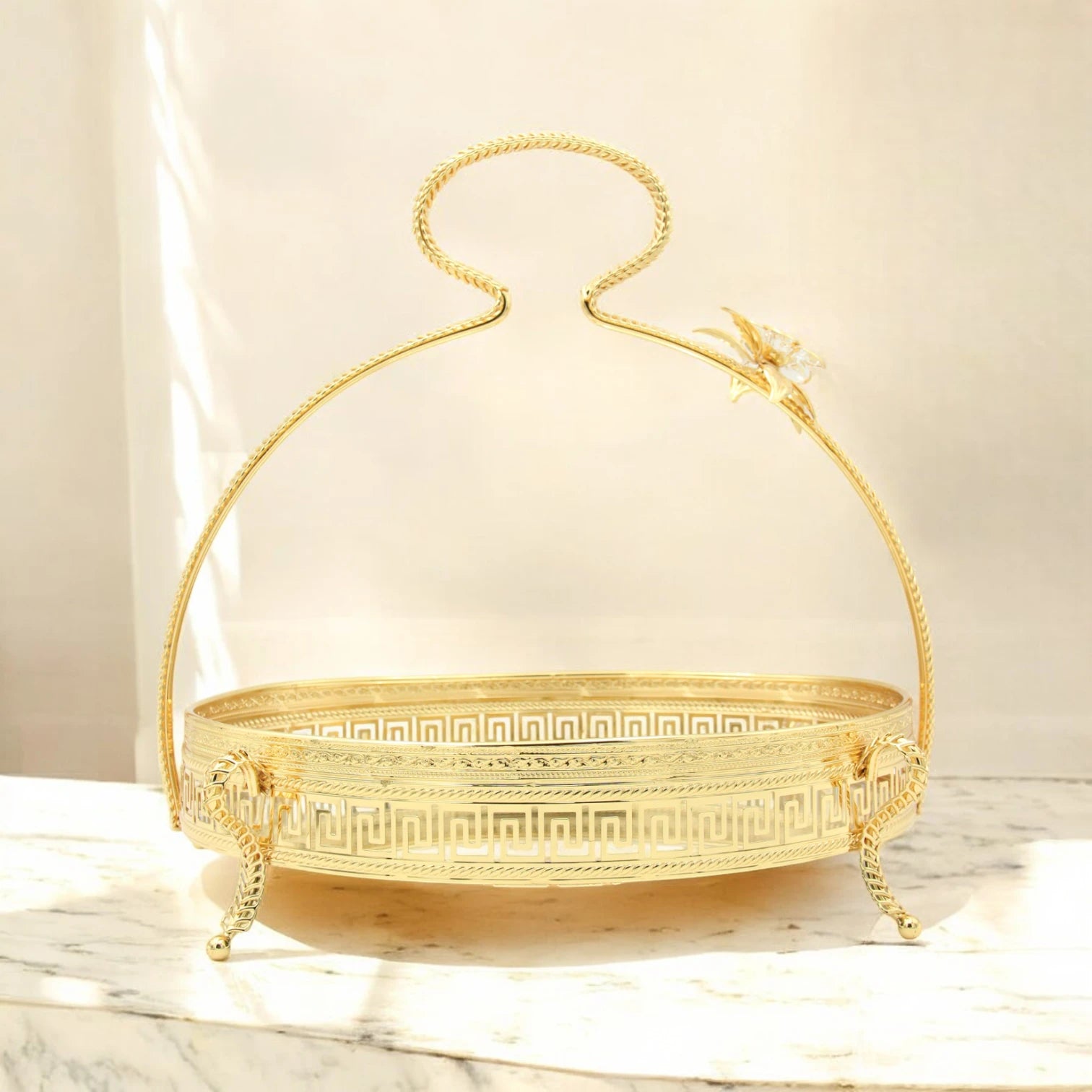 Pilsco Mirror Serving Tray with Gold Floral Handle & Geometric Design – Elegant Decorative Tray with Base Feet for Food, Cakes, or Home Décor Display - Damoo