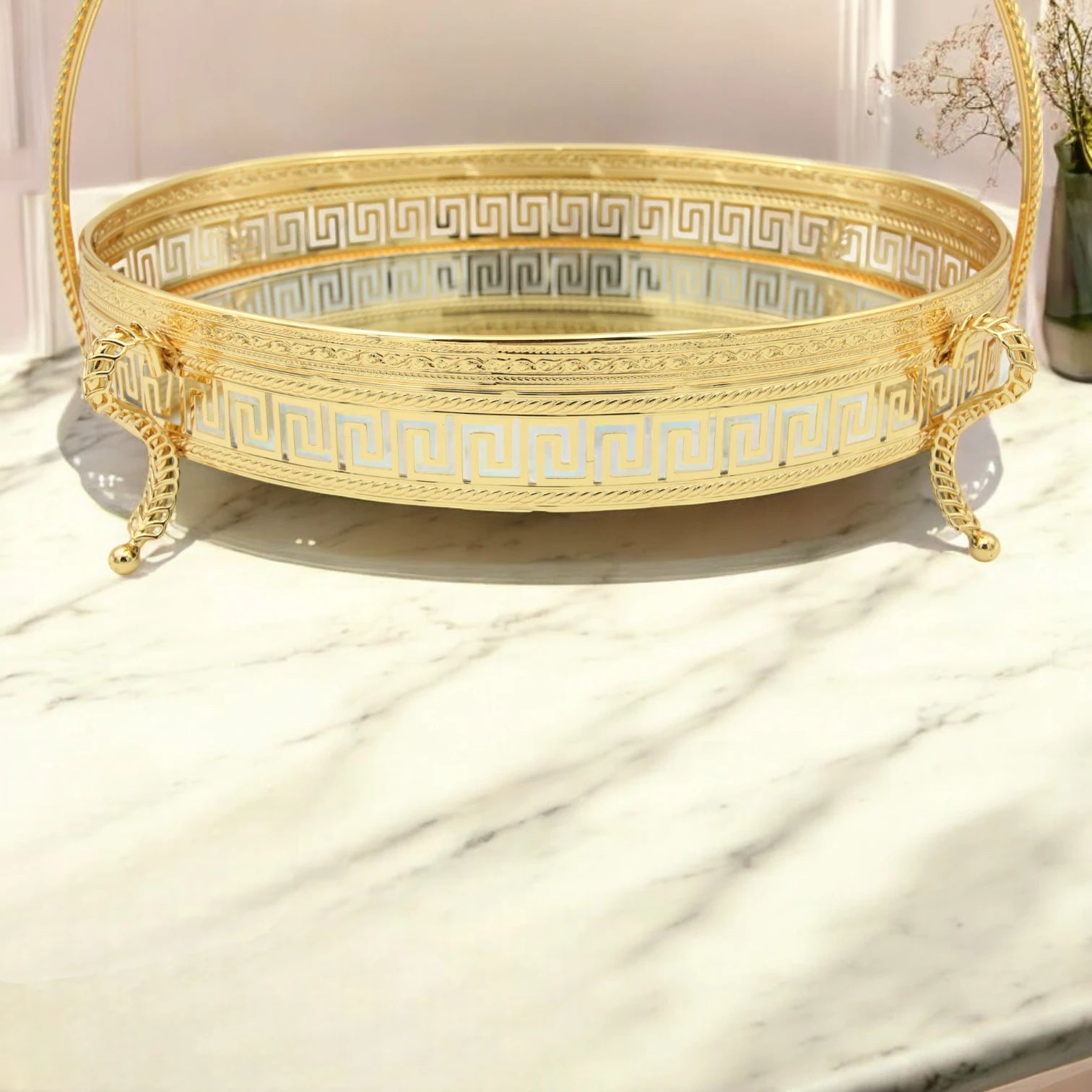 Pilsco Mirror Serving Tray with Gold Floral Handle & Geometric Design – Elegant Decorative Tray with Base Feet for Food, Cakes, or Home Décor Display - Damoo