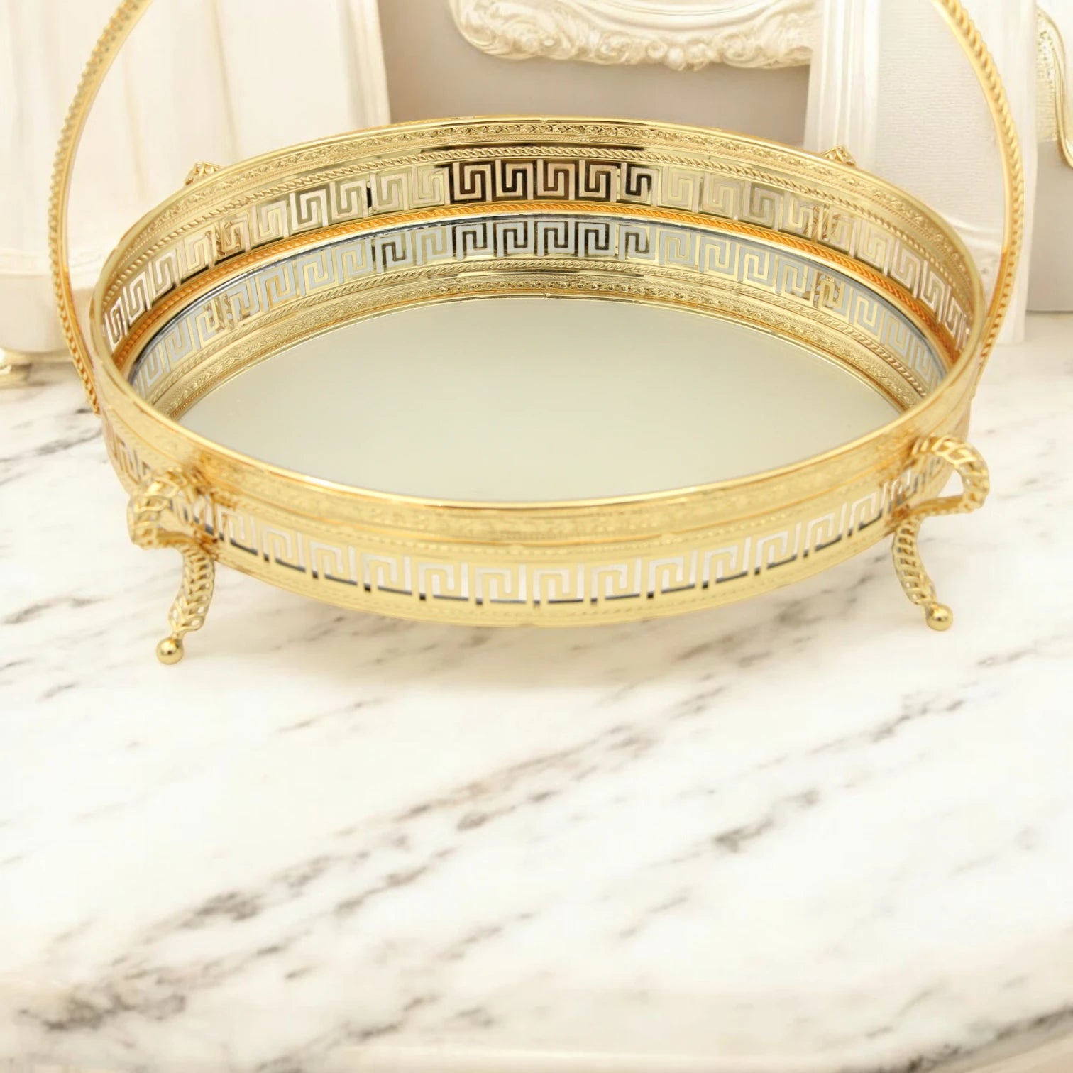 Pilsco Mirror Serving Tray with Gold Floral Handle & Geometric Design – Elegant Decorative Tray with Base Feet for Food, Cakes, or Home Décor Display - Damoo