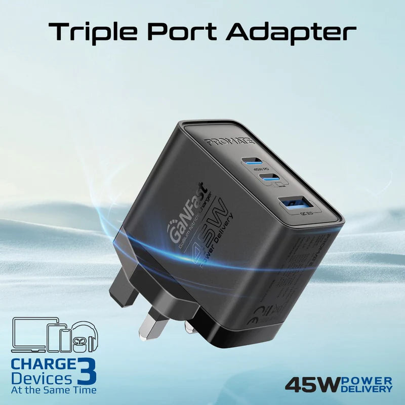 PORMATE 45W GaN Fast Triple Port Charger | Dual USB-C PD, QC 3.0 USB-A, Global Travel Adapter with Multi-Plug Support | PowerPort-45 Fast Charging Wall Charger - Damoo