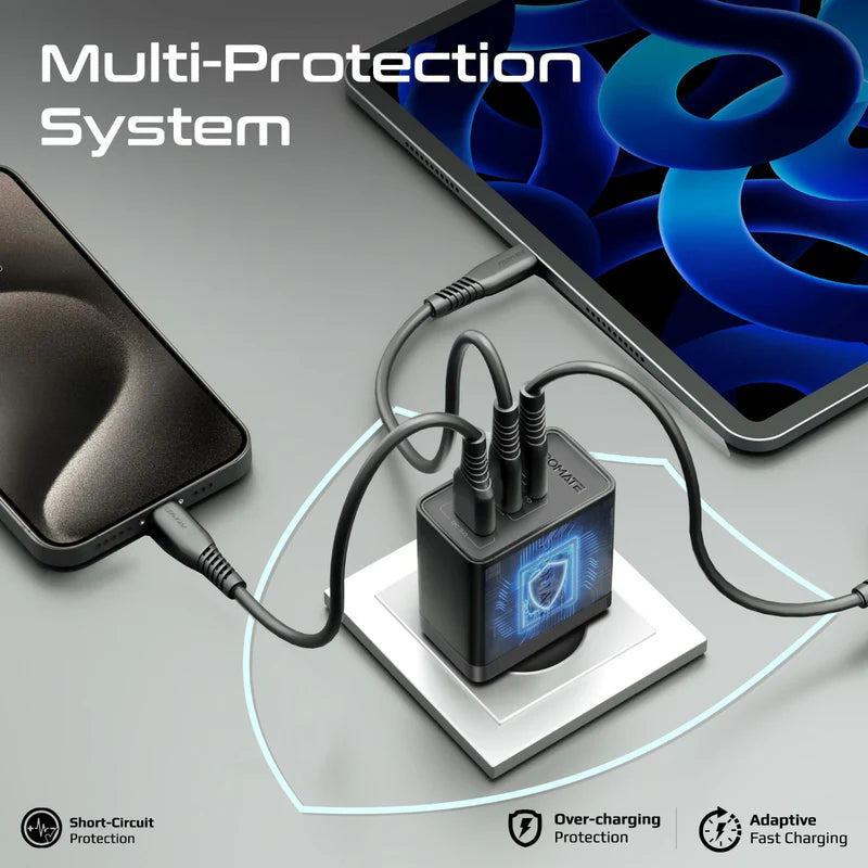 PORMATE 45W GaN Fast Triple Port Charger | Dual USB-C PD, QC 3.0 USB-A, Global Travel Adapter with Multi-Plug Support | PowerPort-45 Fast Charging Wall Charger - Damoo