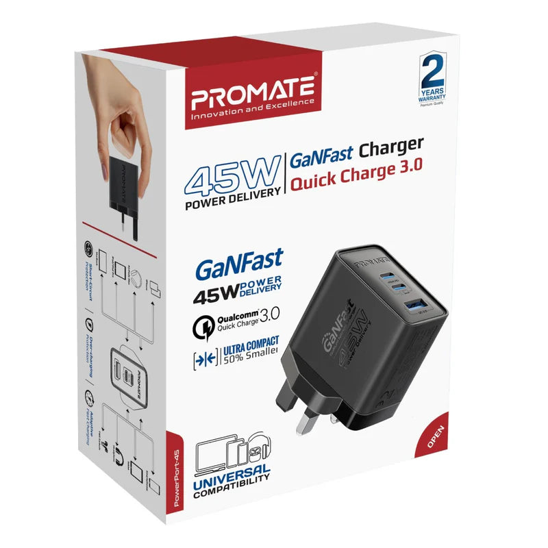 PORMATE 45W GaN Fast Triple Port Charger | Dual USB-C PD, QC 3.0 USB-A, Global Travel Adapter with Multi-Plug Support | PowerPort-45 Fast Charging Wall Charger - Damoo