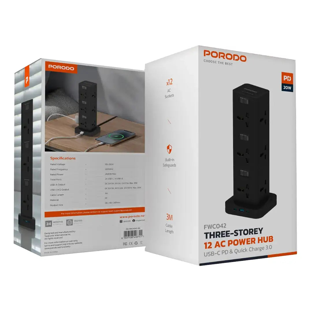 Porodo 3-Tier 12AC Power Hub – USB-C PD 20W, USB-A QC 3.0 18W, 3M Cable, 2500W Max Output, Built-In Safeguards, Multi-Device Charging Tower - Damoo