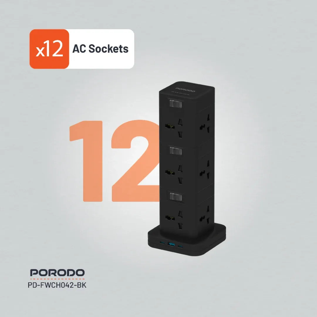 Porodo 3-Tier 12AC Power Hub – USB-C PD 20W, USB-A QC 3.0 18W, 3M Cable, 2500W Max Output, Built-In Safeguards, Multi-Device Charging Tower - Damoo