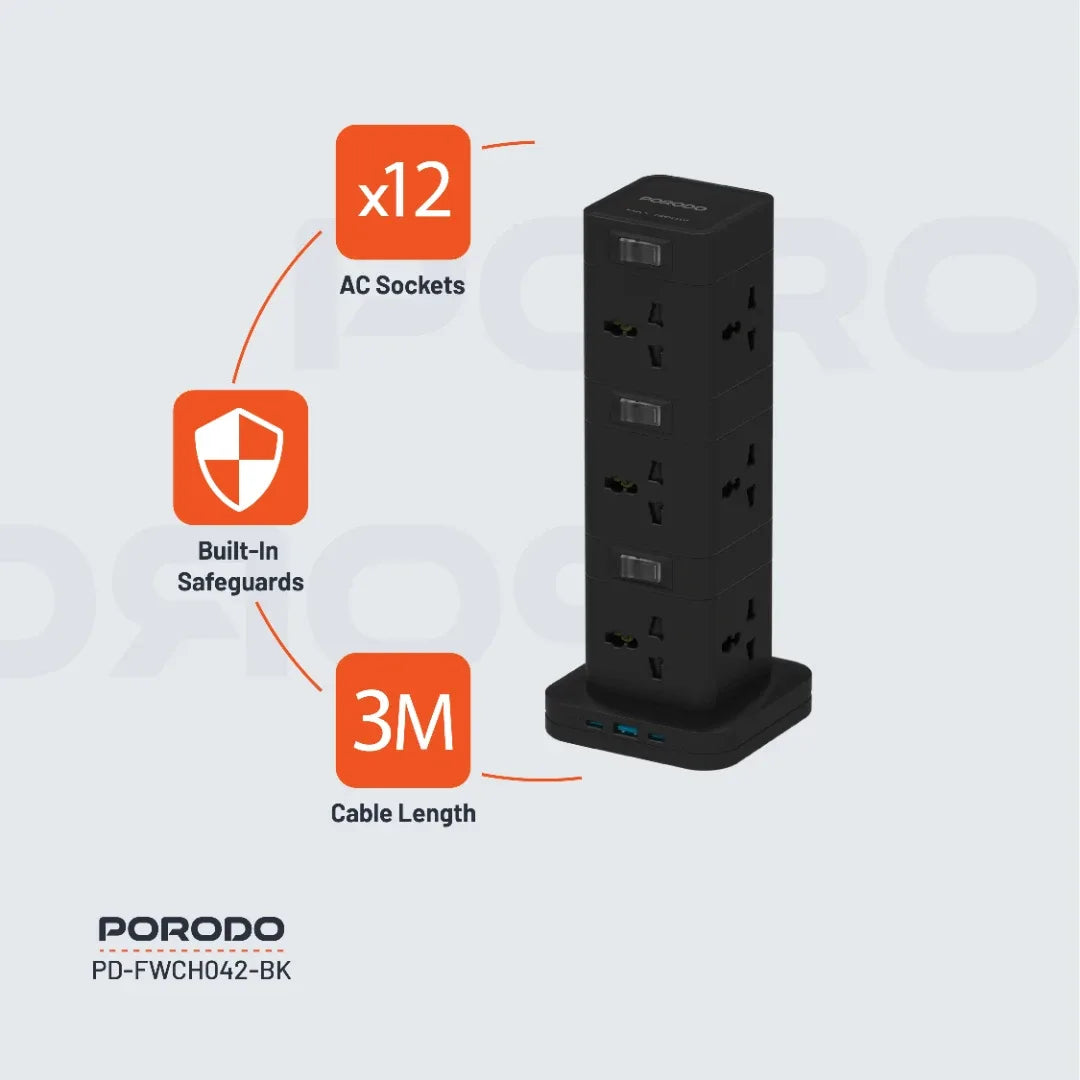 Porodo 3-Tier 12AC Power Hub – USB-C PD 20W, USB-A QC 3.0 18W, 3M Cable, 2500W Max Output, Built-In Safeguards, Multi-Device Charging Tower - Damoo