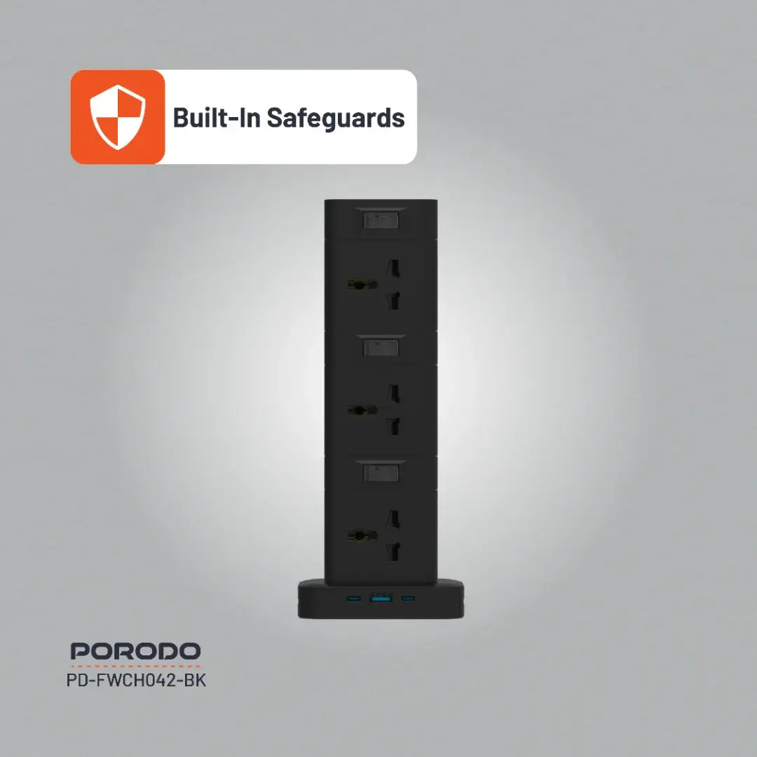 Porodo 3-Tier 12AC Power Hub – USB-C PD 20W, USB-A QC 3.0 18W, 3M Cable, 2500W Max Output, Built-In Safeguards, Multi-Device Charging Tower - Damoo