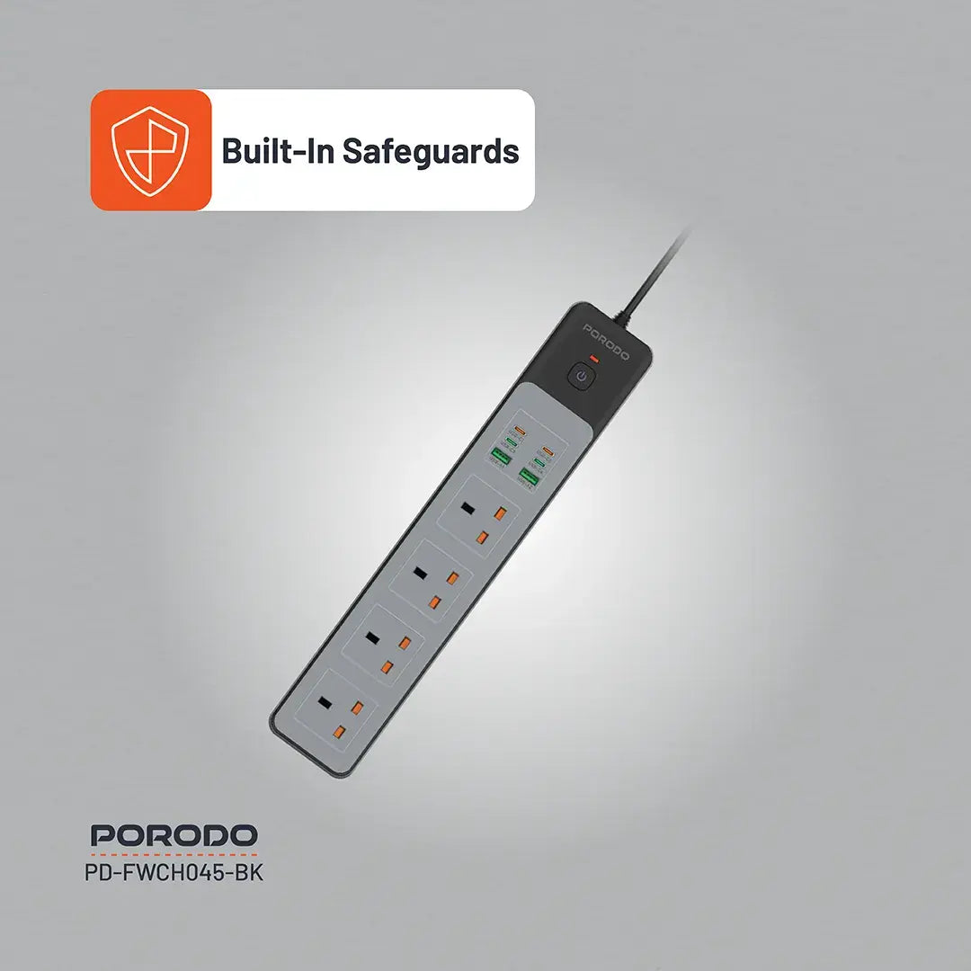 Porodo 4AC Power Strip – 3000W Rated Power, 65W Total Fast Charging, 4 Sockets, USB-A & USB-C PD Ports, 3M UK Plug Cord, Built-in Safeguards & Safety Switch - Damoo