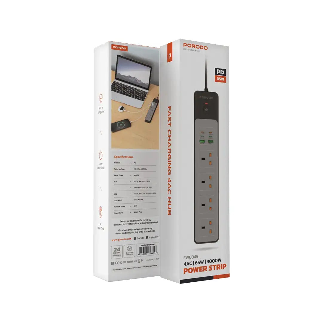 Porodo 4AC Power Strip – 3000W Rated Power, 65W Total Fast Charging, 4 Sockets, USB-A & USB-C PD Ports, 3M UK Plug Cord, Built-in Safeguards & Safety Switch - Damoo
