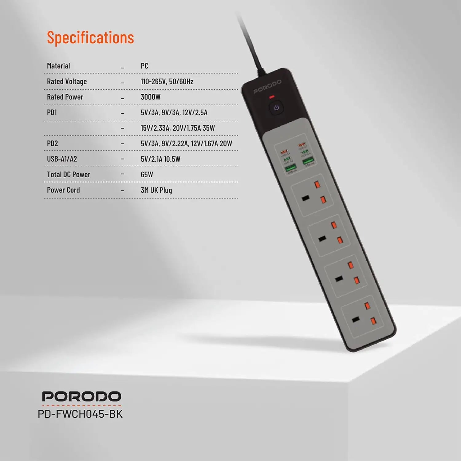 Porodo 4AC Power Strip – 3000W Rated Power, 65W Total Fast Charging, 4 Sockets, USB-A & USB-C PD Ports, 3M UK Plug Cord, Built-in Safeguards & Safety Switch - Damoo