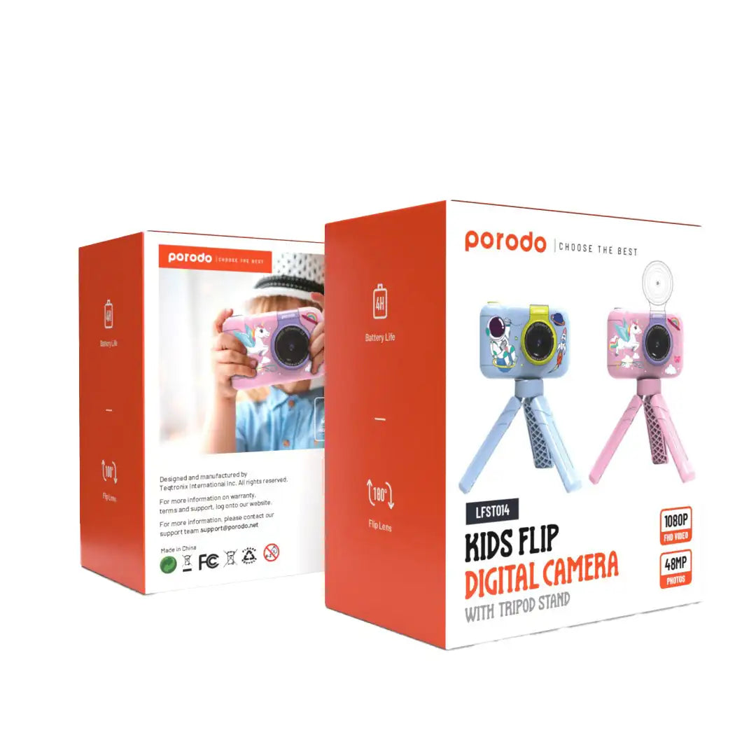 Porodo Kids Flip Digital Camera with Tripod, 2.4" Screen, 1000mAh Battery, Type-C Charging – Fun & Creative Photography for Children - Damoo