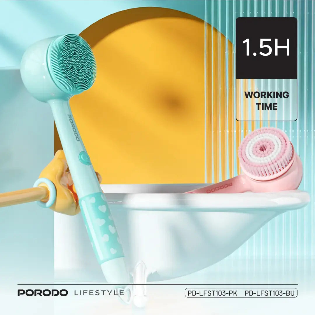 Porodo Lifestyle Kids Electric Bath Brush – 3 Soft Brush Heads, 2-Speed Modes, 1200mAh Rechargeable Battery, Type-C Charging, IPX6 Waterproof, Gentle for Sensitive Skin - Damoo