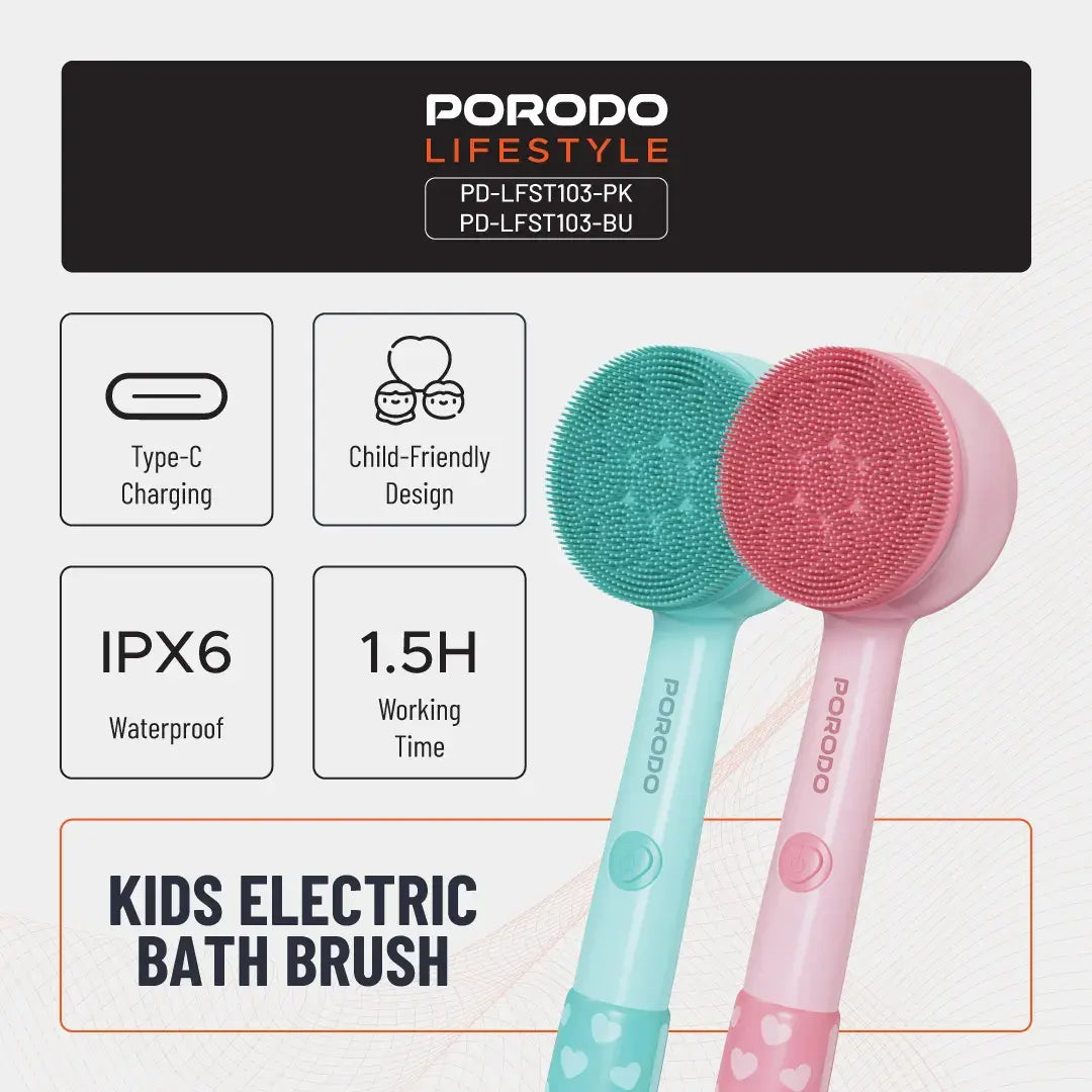 Porodo Lifestyle Kids Electric Bath Brush – 3 Soft Brush Heads, 2-Speed Modes, 1200mAh Rechargeable Battery, Type-C Charging, IPX6 Waterproof, Gentle for Sensitive Skin - Damoo