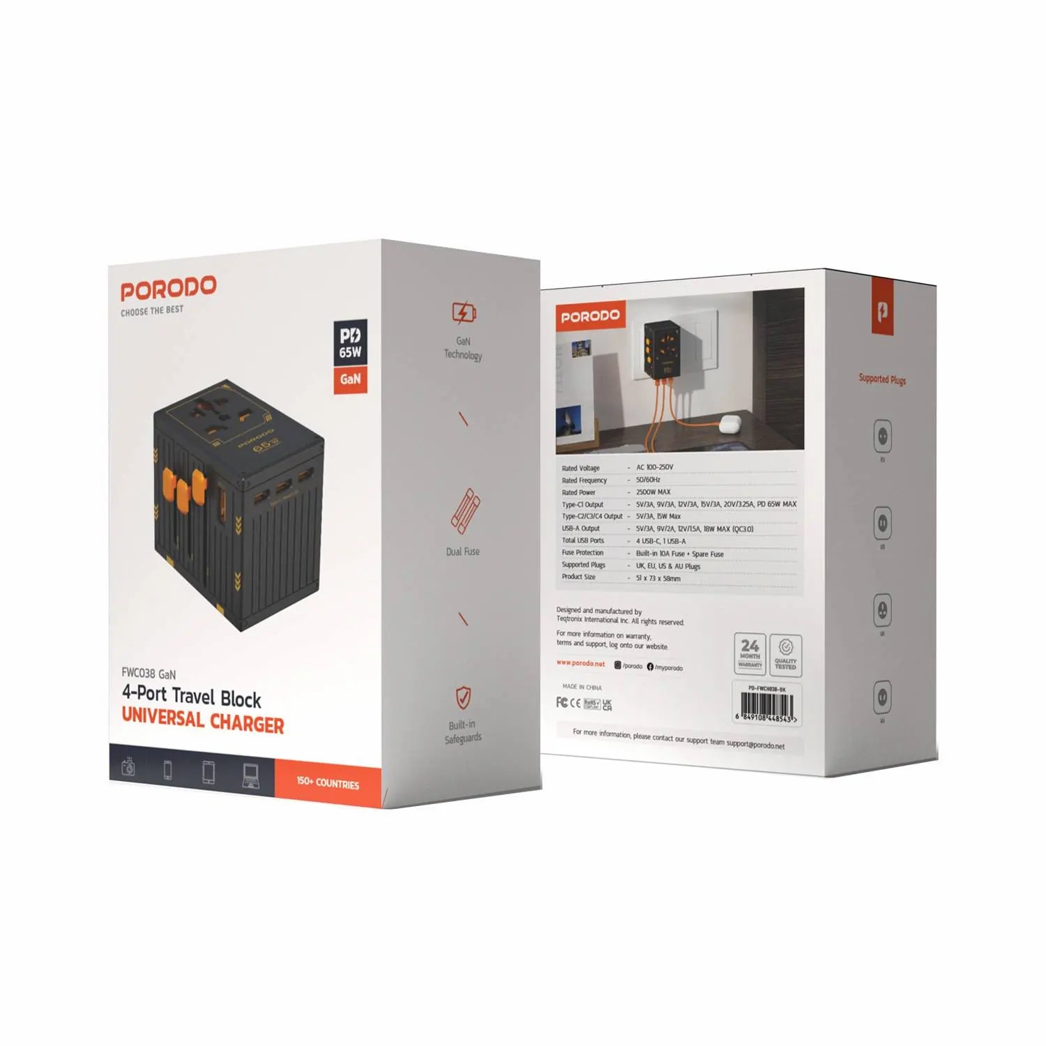Porodo Universal Travel Charger with GaN Tech – PD 65W Fast Charging, 4 USB-C + 1 USB-A Ports, Worldwide Plug Support (UK/EU/US/AU) - Damoo