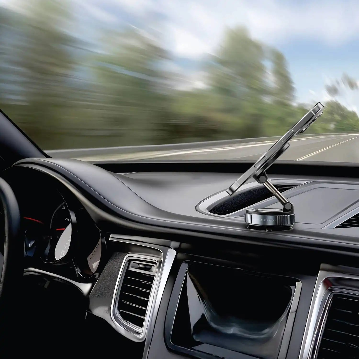 Porodo Vacuseal MagSafe Car Mount, N52 Magnetic Phone Holder with Rotate-Lock, Adjustable 360° View, Strong Suction, One-Hand Operation – for iPhone 15/14/13/12 Series - Damoo