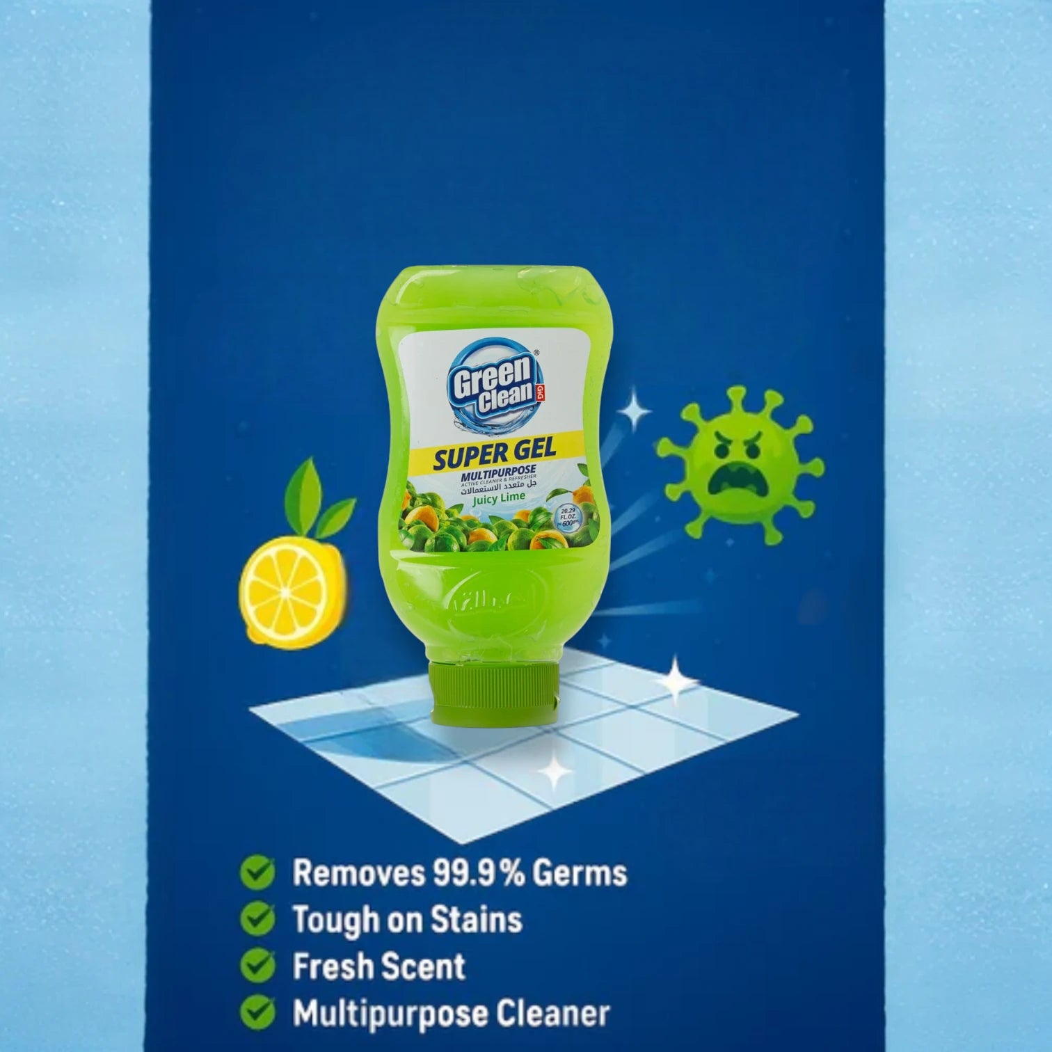 Green Clean Super Gel Multi-Purpose Cleaner – Powerful Stain & Grease Remover – Juicy Lime & Green Pine Oil Scents – Easy Squeeze Bottles – 600g (Pack of 2)
