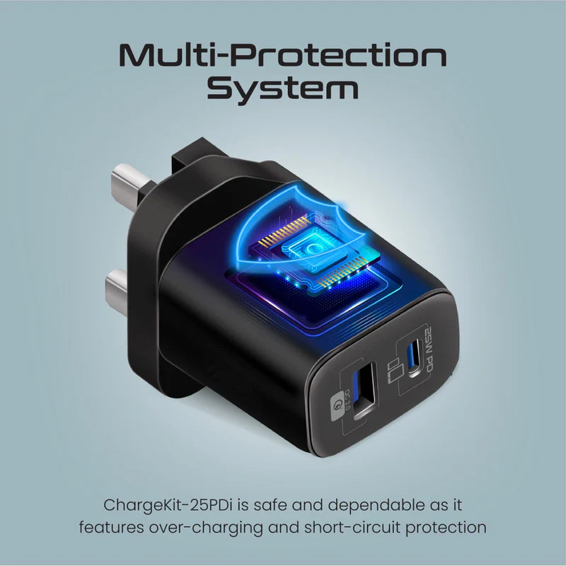 Promate 25W Dual Port USB-C & USB-A Charger with USB-C to Lightning Cable | PD & QC 3.0 Fast Charging Adapter for iPhone, iPad, and Android | ChargeKit-25PDi - Damoo