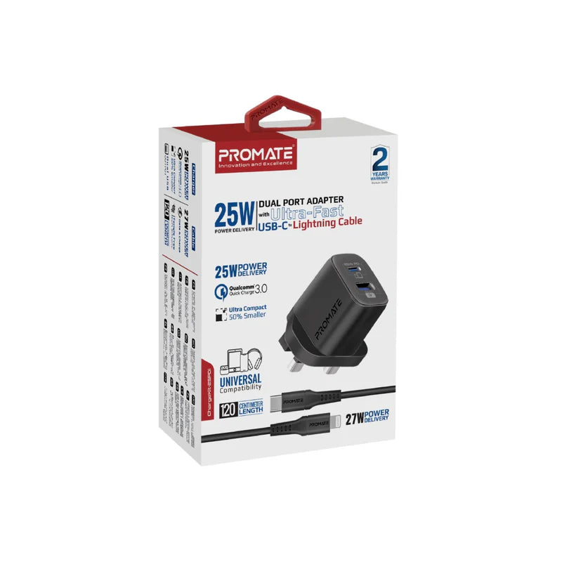 Promate 25W Dual Port USB-C & USB-A Charger with USB-C to Lightning Cable | PD & QC 3.0 Fast Charging Adapter for iPhone, iPad, and Android | ChargeKit-25PDi - Damoo
