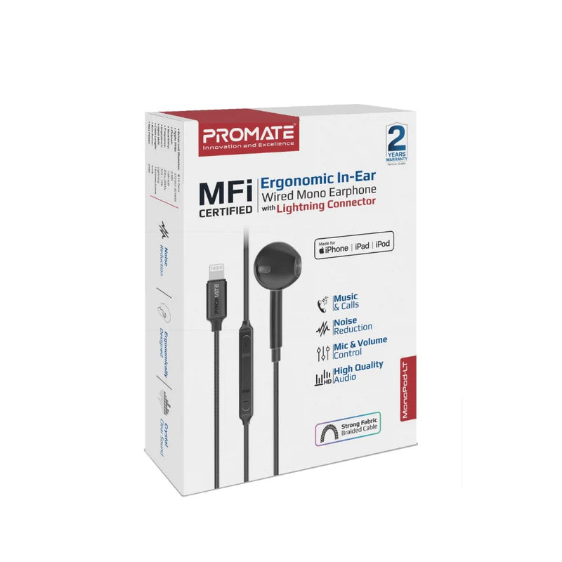 Promate MonoPod-LT Wired Mono Earphone with Lightning Connector – MFi Certified In-Ear Wired Mono Earphone with Mic, Deep Bass, 1.3m Braided Cable for iPhone - Damoo