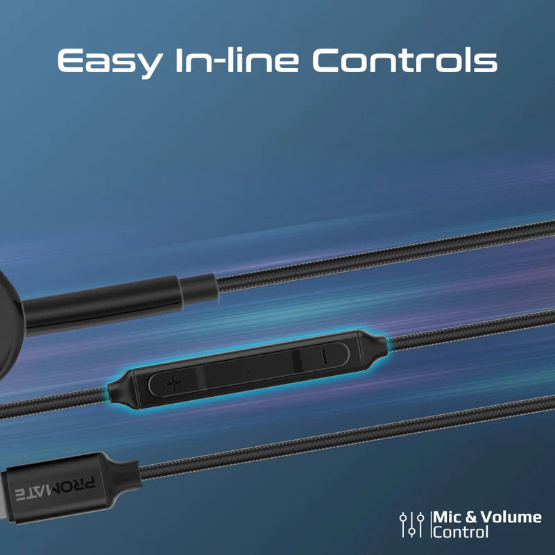 Promate MonoPod-LT Wired Mono Earphone with Lightning Connector – MFi Certified In-Ear Wired Mono Earphone with Mic, Deep Bass, 1.3m Braided Cable for iPhone - Damoo