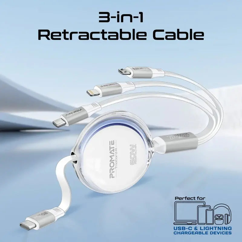 Promate TrioCord-R Retractable 3-in-1 Charging Cable – 60W USB-C, 27W Lightning, 10W Micro USB – Ultra-Fast, Compact, Tangle-Free Multi-Connector Cable for iPhone, Samsung, Laptops & More – 1.1M - Damoo