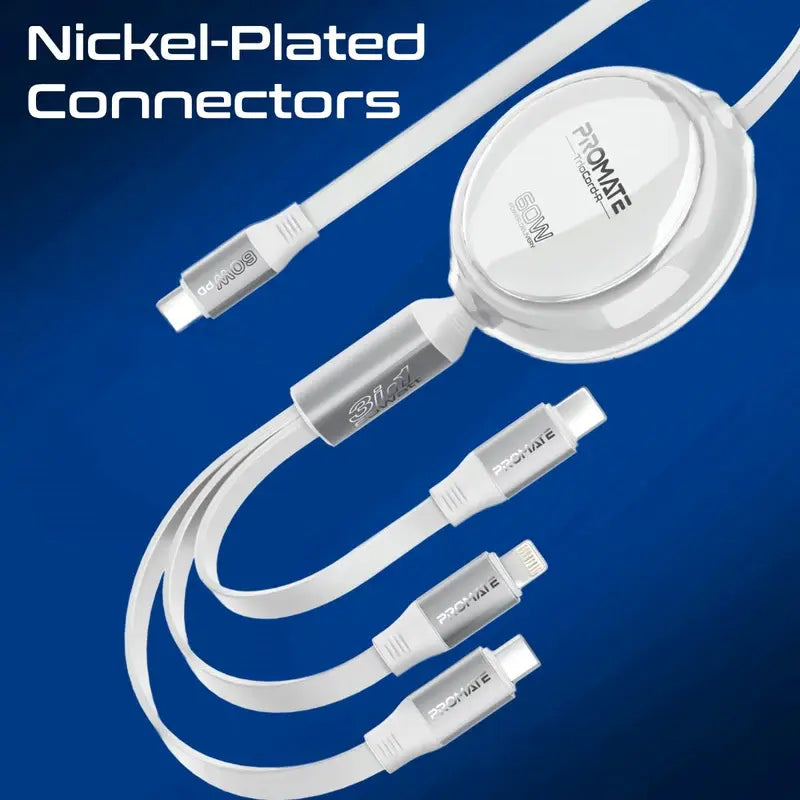 Promate TrioCord-R Retractable 3-in-1 Charging Cable – 60W USB-C, 27W Lightning, 10W Micro USB – Ultra-Fast, Compact, Tangle-Free Multi-Connector Cable for iPhone, Samsung, Laptops & More – 1.1M - Damoo