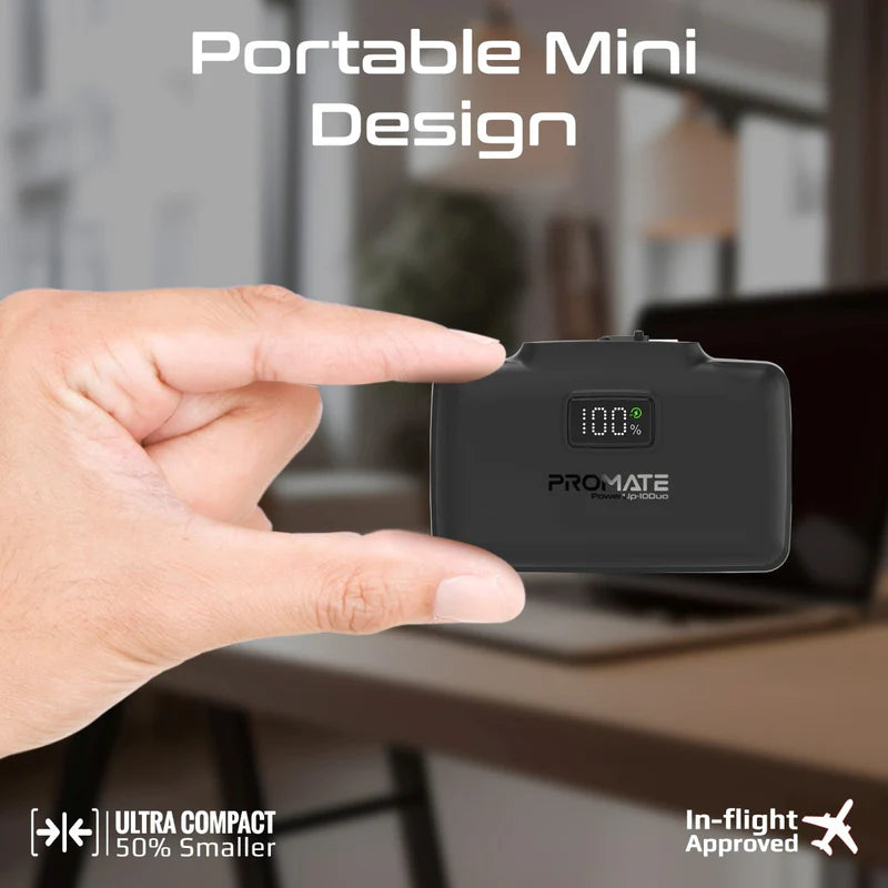 PROMATE Ultra-Compact 10000mAh Power Bank – Fast Charging with Foldable USB-C & Lightning Connectors | Portable Charger for iPhone, Android & Travel Use - Damoo
