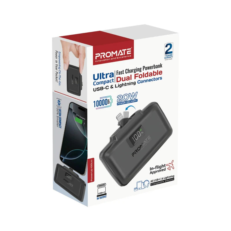 PROMATE Ultra-Compact 10000mAh Power Bank – Fast Charging with Foldable USB-C & Lightning Connectors | Portable Charger for iPhone, Android & Travel Use - Damoo