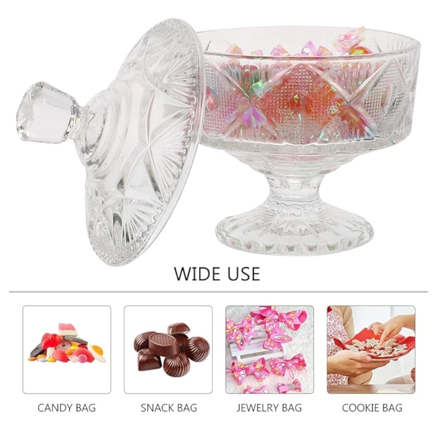 QIANLI Clear Glass Candy Jar with Lid – Elegant Crystal-Cut Decorative Bowl for Sweets, Dry Fruits & More - Damoo