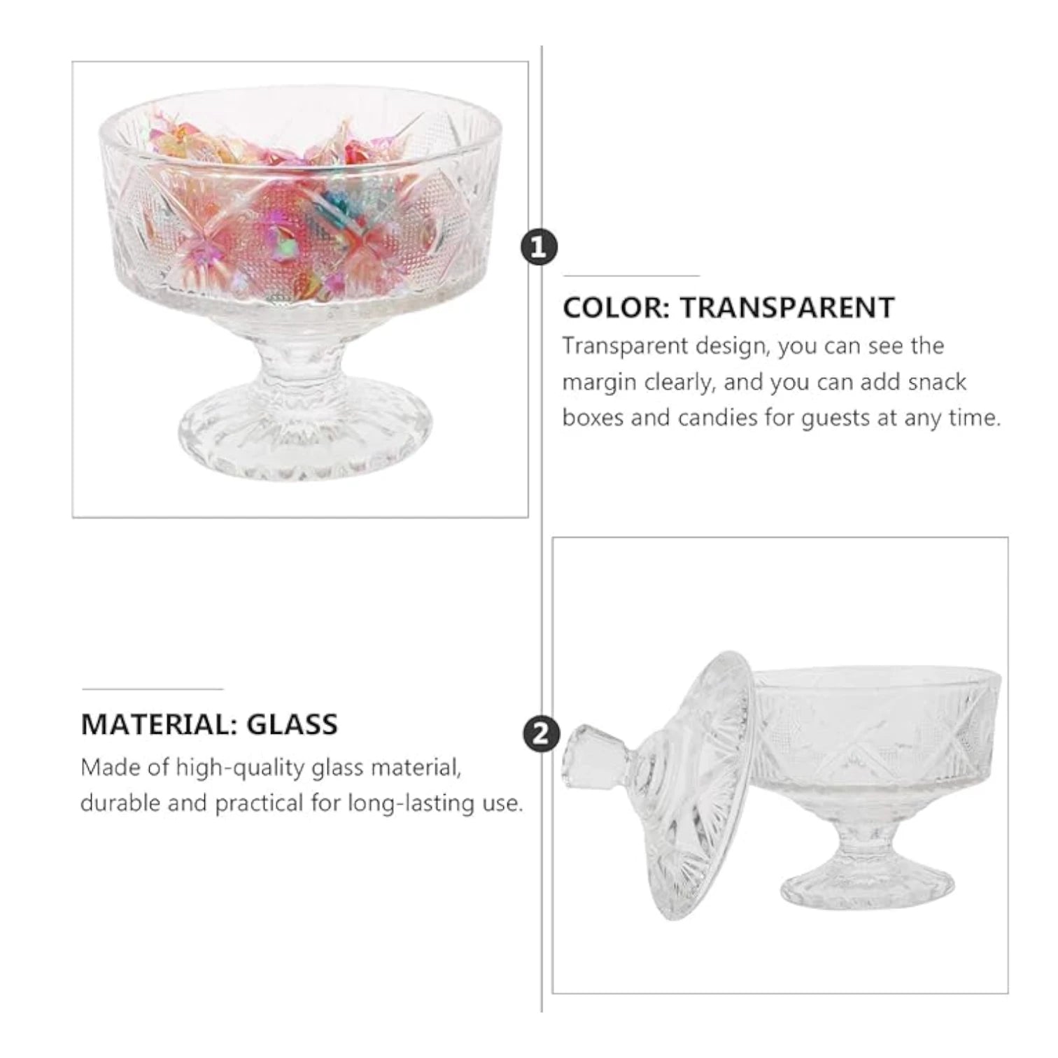 QIANLI Clear Glass Candy Jar with Lid – Elegant Crystal-Cut Decorative Bowl for Sweets, Dry Fruits & More - Damoo
